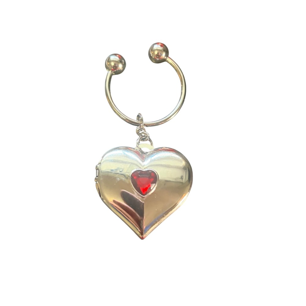 Silver Heart Locket Keychain Red Crystal Photo Holder Horseshoe Ring Charm
